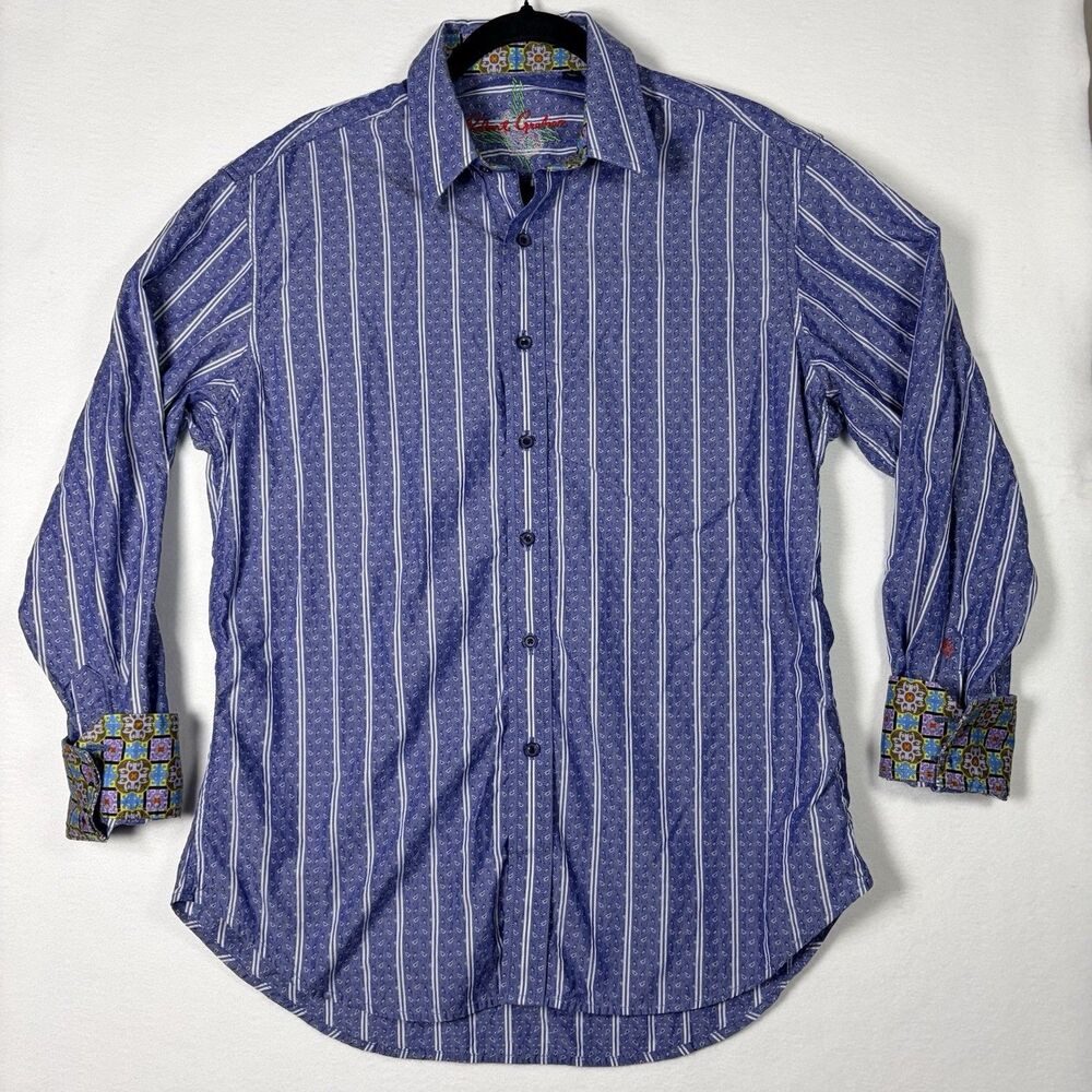 Robert Graham Shirt Mens Large Blue Paisley Striped LS Button Down Flip Cuff L